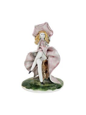 W Cabrelli Italy Ceramic Figurine Spaghetti Hair Woman Sitting Stump Dress Bowl